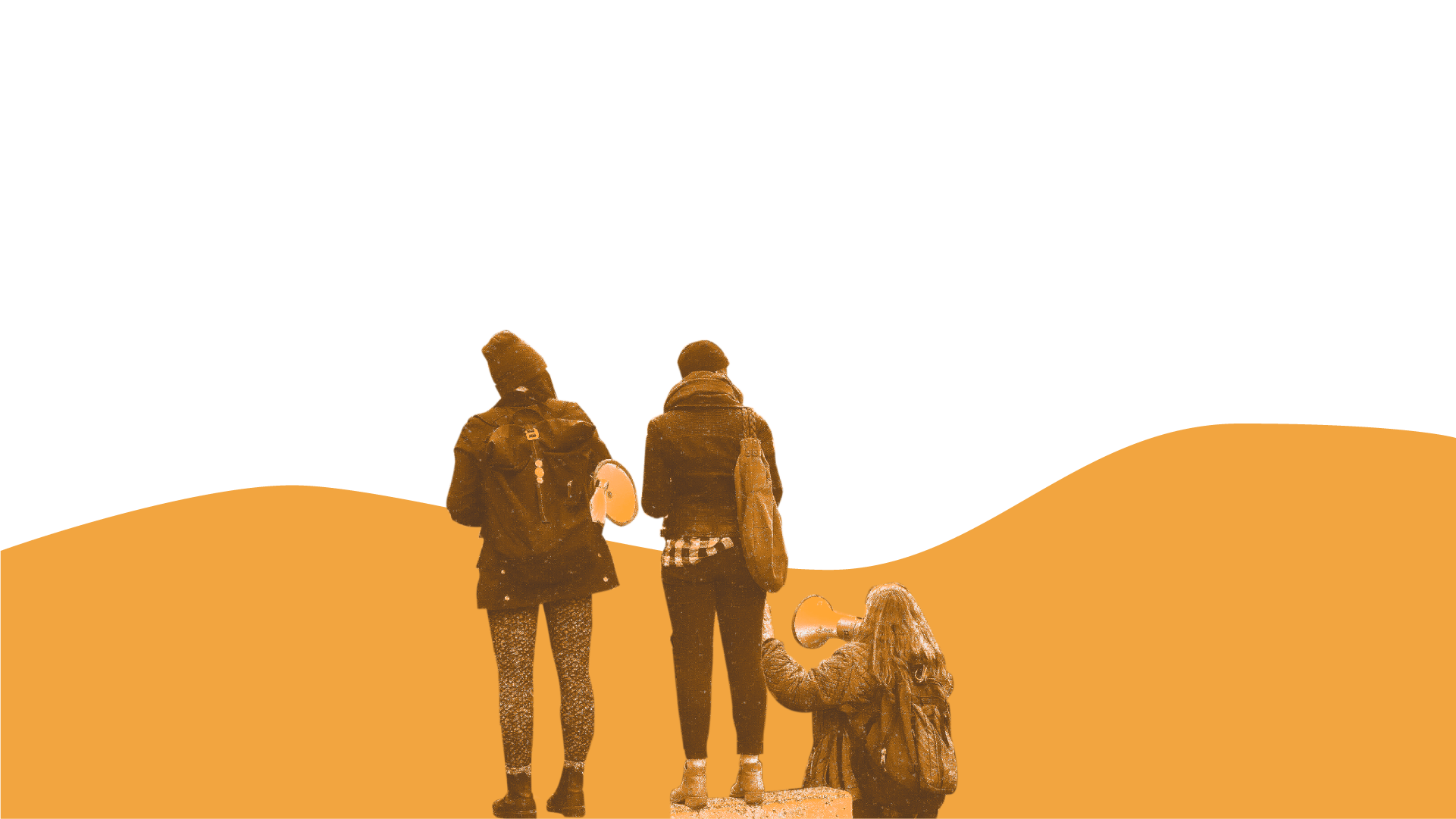 two people standing, looking away while someone speaks into a megaphone in the same direction